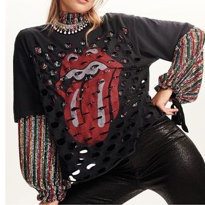 Free People Black and Red Distressed Short Sleeve Tee
